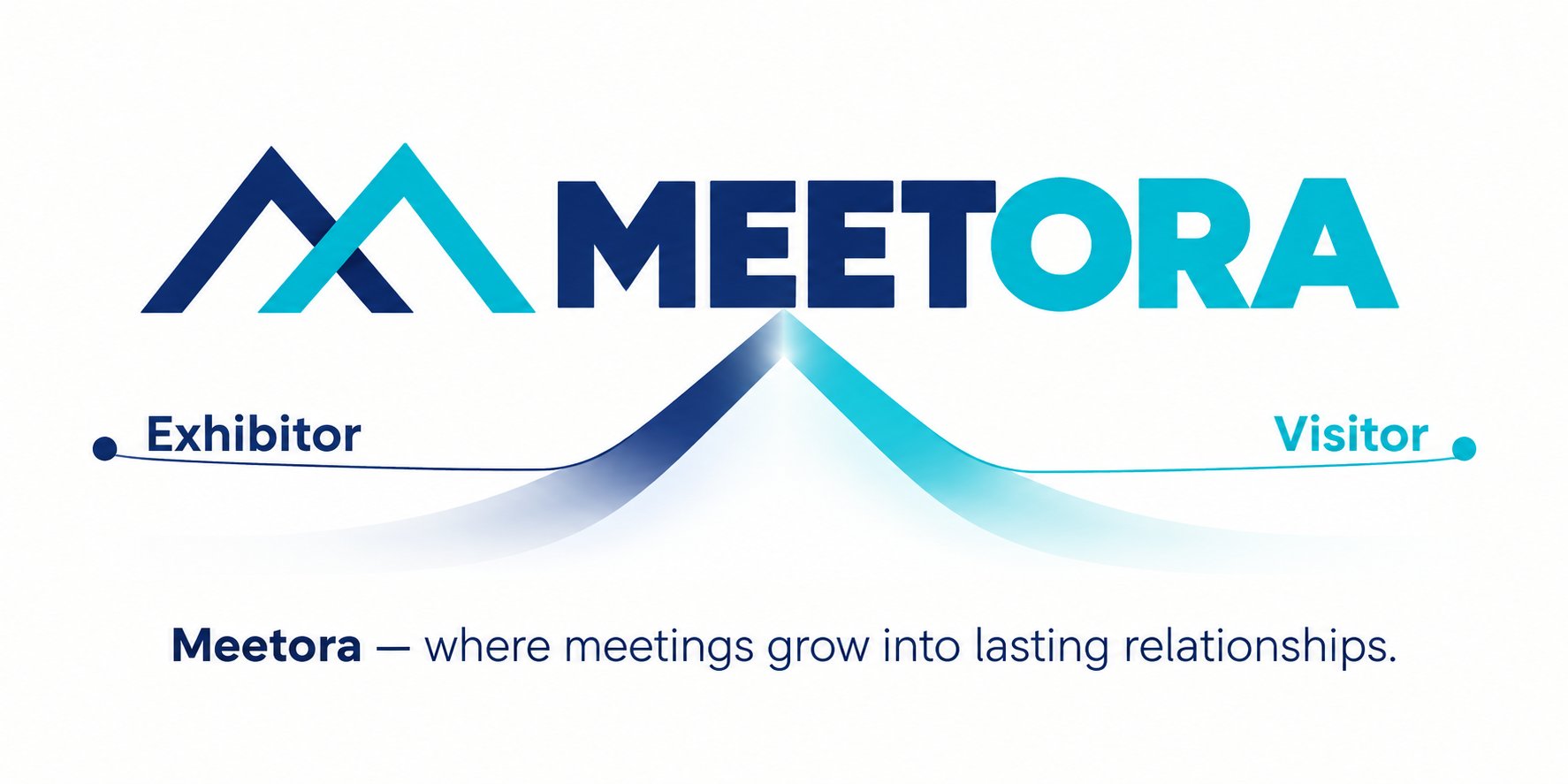 Meetora logo: a navy exhibitor arrow and a turquoise visitor arrow meet and rise together to form an M