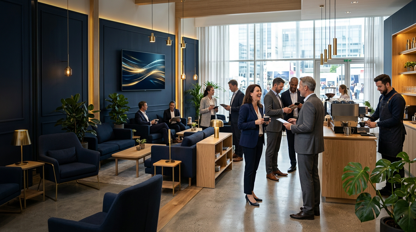 A premium Meetora Lounge with warm lighting, coffee bar and comfortable seating