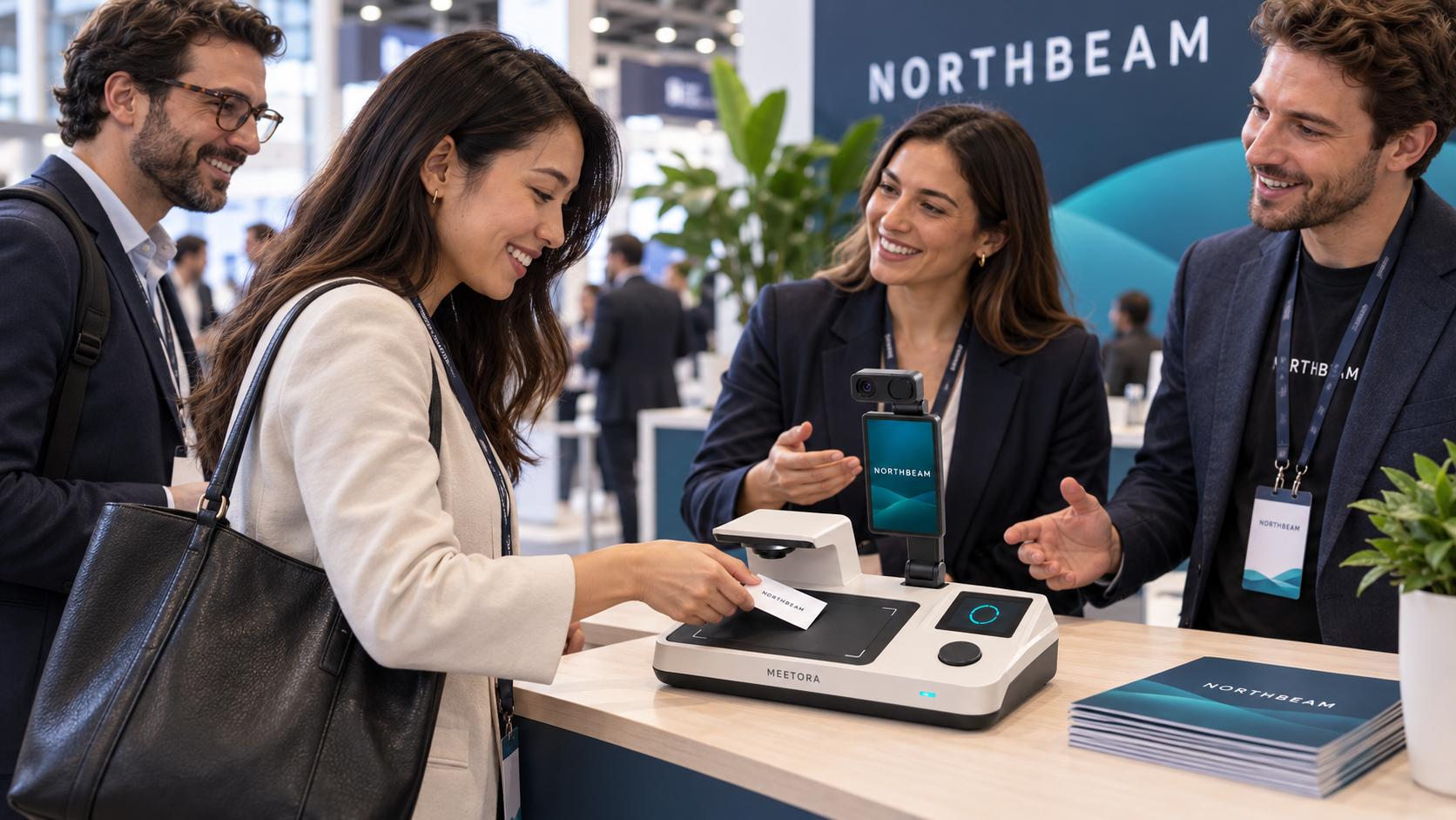 Meetora Desk in use at a trade show booth